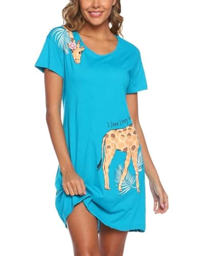 Image of ENJOYNIGHT Women Nighties Short Sleeve Nightshirt Ladies Cotton Blend Soft Nightdress Print Sleepshirt Loungewear (Medium,Blue Giraffe)