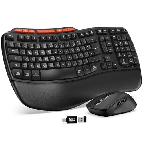 Image of Wireless Keyboard Mouse Set, 2.4 GHz Wave Keys in Full Size, Ergonomic Keyboard with Padded Wrist Rest and 4 Tilt Angles, 3 DPI Mouse for Windows/Mac OS/Desktop/Laptop/PC (Black)