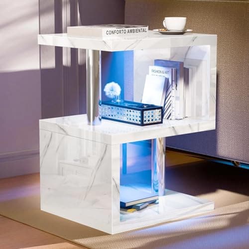 Image of Blisswood High Gloss Sofa End Table Small Side table With Storage Shelves, 2 Tier Bedside Table With Led RGB Lights Ractangle Nightstand For Hallway Furniture (White Marble)