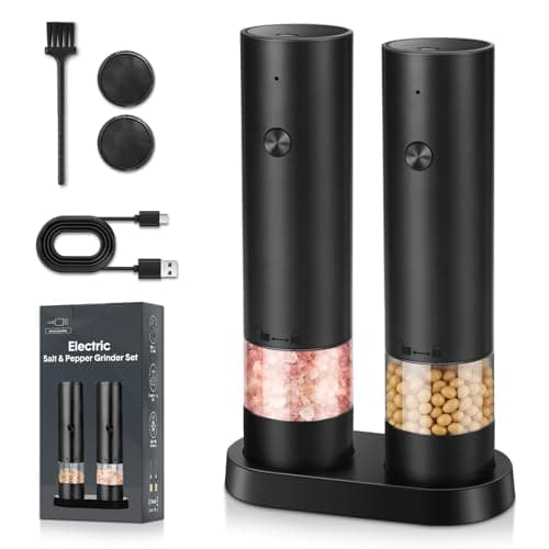 Image of srml Electric Salt and Pepper Grinder Set, USB-C Rechargeable Automatic Pepper Mill with 4 Adjustable Coarseness, Ceramic Grind, Dust Cover and Base, One-Handed Operation Spice Set for Home & Kitchen