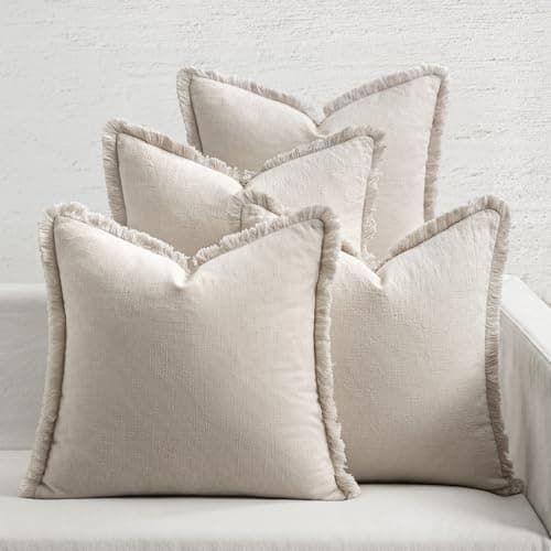 Image of MIULEE Decorative Throw Pillow Covers Neutral Linen Fringe Throw Pillows Set of 4 Natural Beige Boho Farmhouse Cushion Covers with Tassels for Couch Sofa Bed Living Room Spring Home Decor 18x18 Inch
