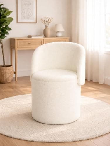 Image of BLOOM BLENDS Teddy Boucle Tub Chair With Hidden Storage, Round Vanity Seat With Curved Back and Lift-Off Lid, Wooden Frame, 150kg, 46 x 62 cm (Off White)