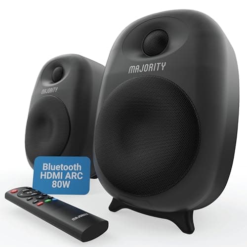 Image of MAJORITY D80 | Active Bluetooth HDMI ARC Bookshelf Speakers | Amplified 80W 4" Drivers | Silk Dome Tweeters | Hifi Stereo Studio Speakers for TV & PC | USB, AUX, RCA, Optical | Custom EQ & Remote