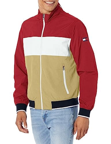 Image of Tommy Hilfiger Men's Yachting Bomber Jacket Windbreaker, Khaki/Red Colorblock, XXL