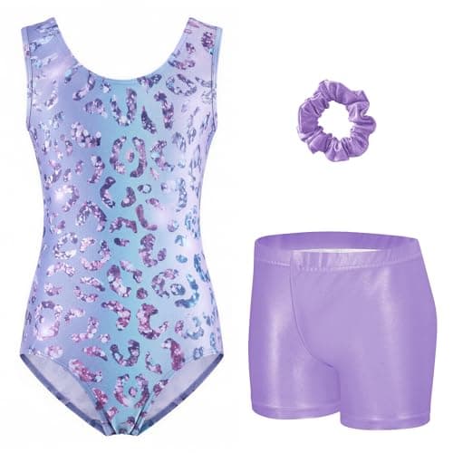 Image of Arshiner Girls 3 Piece Leotard Leopard Sleeveless Gymnastics Leotard Kids Gymnastics Outfit Summer Fashion Gymnastik Bodysuit with Shorts and Hairband Set Sparkling Ballet Dance Unitards 9-10 Years