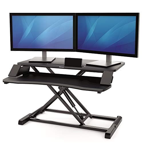 Image of Fellowes Corsivo Easy To Assemble Height Adjustable Standing Desk Converter for Home and Office - Free Standing Sit Stand Desk for Dual Monitors or Laptop and Monitor - Max Weight 17KG - Black