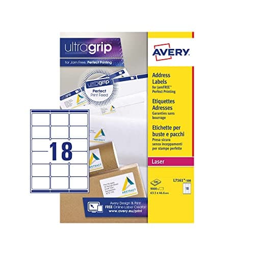 Image of Avery L7161 Printable, Customisable Address Mailing Labels, Laser Printers, 18 Labels Per A4 Sheet, 9000 Labels, UltraGrip, White (L7161-500
