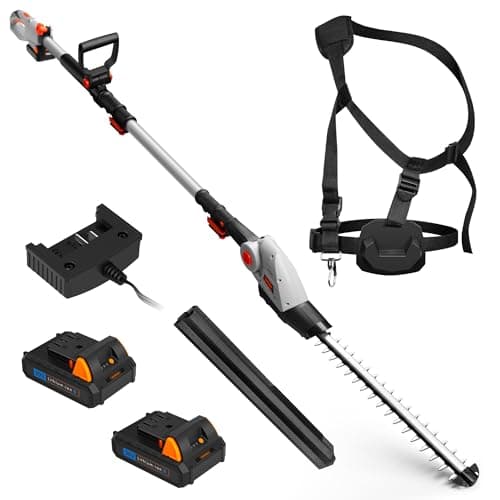 Image of VonHaus Pole Hedge Trimmer Cordless – Long Reach Telescopic Extendable Cutter for Hedges, Bushes, Branches, Shrubs – 2x 20V Batteries, Charger, Harness, 135° Adjustable Head, Dual Action Blades