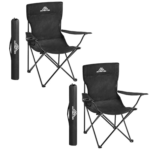 Image of Set of 2 Camping Chairs | Lightweight Folding | Portable Chair for Outdoors | Cup Holder | Storage Cover | Outdoor Leisure Chair Durable with Arm Rest for the Beach, Lawn and Fishing Trip Garden Black