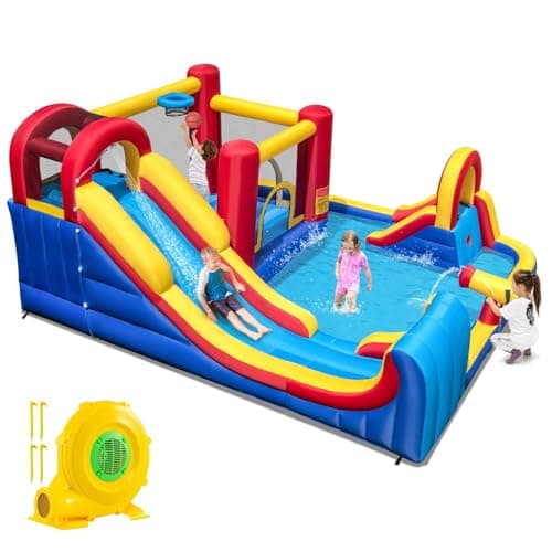 Image of COSTWAY Inflatable Water Park, Kids Bouncy Castle with Double Slides, 2 Splash Pools, Water Cannon, Climbing Wall & Basketball Hoop, Outdoor Blow Up Bounce House for 3+ Years Old (with Blower)