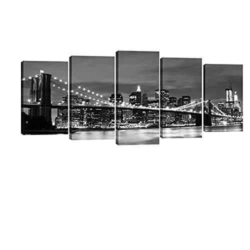 Image of Wieco Art - Brooklyn Bridge Night View 5 Panels Modern Landscape Artwork Canvas Prints Abstract Pictures Sensation to Photo Paintings on Canvas Wall Art for Home Decorations Wall Decor