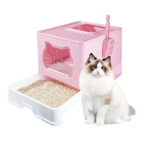 Image of LN Cozy CORNE Large Foldable Cat Litter Box with Slide-Out Tray, Scoop, Hooded Litter Tray with Flap Door, Anti-Splashing Portable Enclosed Cat Toilet for Big Cats, 50 * 40 * 38cm Pink