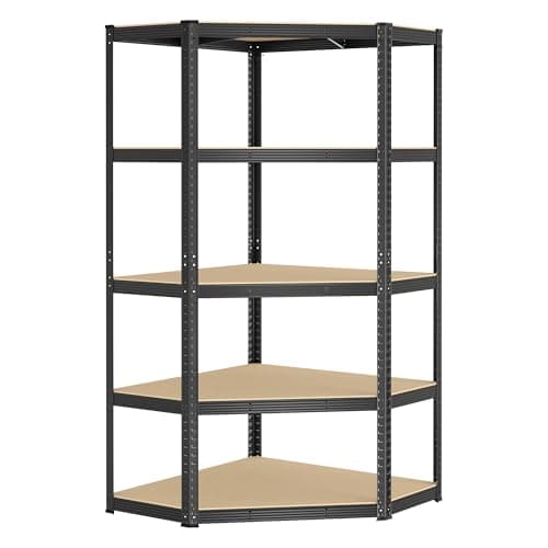 Image of SONGMICS Corner Shelf 5-Tier, Garage Shelving, Heavy Duty Metal Shelving Units, for Garage, Storage Room, Warehouse, Loads 875 kg, Ink Black and Natural Beige GLR080B01