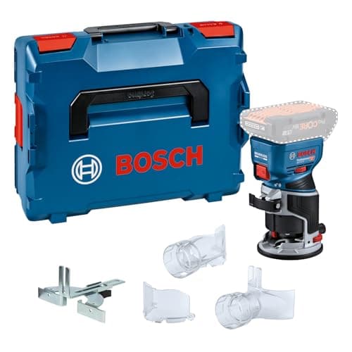 Image of Bosch Professional 18V System Cordless Router GKF 18V-8 (incl. Parallel Guide, 2X Routing vac adaptors, Chip Shield, ¼” (6.35mm) Collet, Wrench, L-BOXX, Without Battery/Charger)