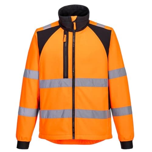 Image of Portwest CD875 Men's WX2 Hi Vis Softshell Jacket - Windproof Water Resistant High Visibility Reflective Eco Safety Jacket Orange/Black, Large