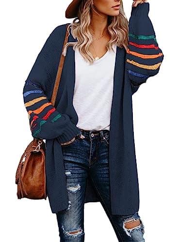 Image of AlvaQ Women's Cardigans Long Sleeve Open Front Rainbow Striped Color Block Loose Casual Womens Oversized Cardigan Ladies Long Lightweight Knit Outwear Coat Jacket Sweaters Blue S UK 6 8