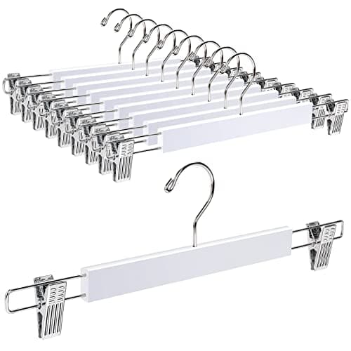 Image of Amber Home 36cm White Wooden Trousers Hangers 10pcs, Smooth Wood Skirt Hanger Organizer with Adjustable Anti-Slip Chrome Clips, Space Saving Solid Clothes Hangers Rack for Bottoms Jeans Slacks Pants