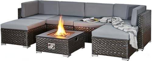Image of Aweather 6 Seater Modular Corner Rattan Garden Furniture Set with Fire Pit Table, PE Rattan Outdoor Patio Sofa Set, Outdoor Garden Furniture & Seating for Garden, Patio & Conservatory