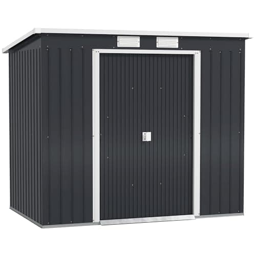 Image of Outsunny 7 x 4ft Lean to Garden Shed with Foundation Kit, Double Door and Vents, Outdoor Metal Storage Shed for Equipment Tools, Dark Grey