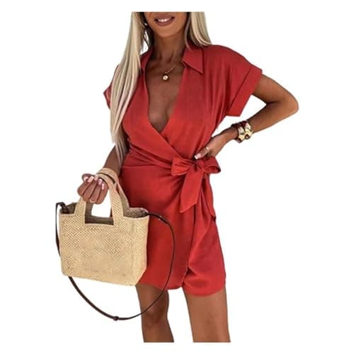 Image of YOMACY Women's Cotton Linen Sexy V Neck Romper,Casual Lapel Short Sleeve Mini Jumpsuit,Lace-up Lapel Jumpsuit,Bodysuit Ladies Office Elegant Overall for Work Party Club Wedding(Red,L)