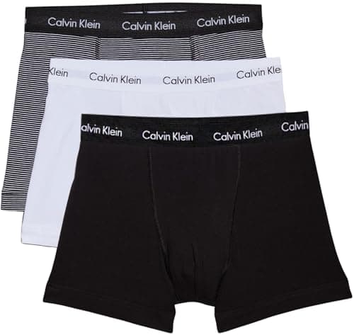 Image of Calvin Klein Men’s 3 Pack Trunks Underwear, Multicolor (White/B&W Stripe/Black), S