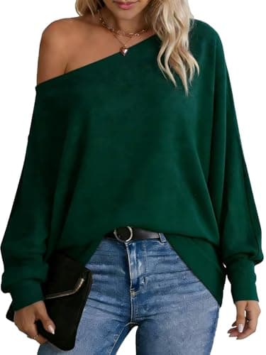 Image of Dressmine Ladies Off Shoulder Jumpers Cold Shoulder Tops for Women Batwing Bardot Tunic Tshirts Dark Green Casual Spring Outfits