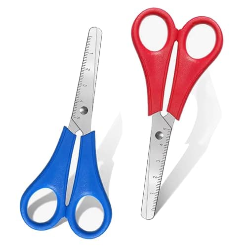 Image of SUHAI 2 Pcs Kids Scissors, Compact Style, Blunt Tip Safety Scissors with cm-Scale, Plastic Handle, Blue, Stainless Steel, Ideal for Crafts & School Projects