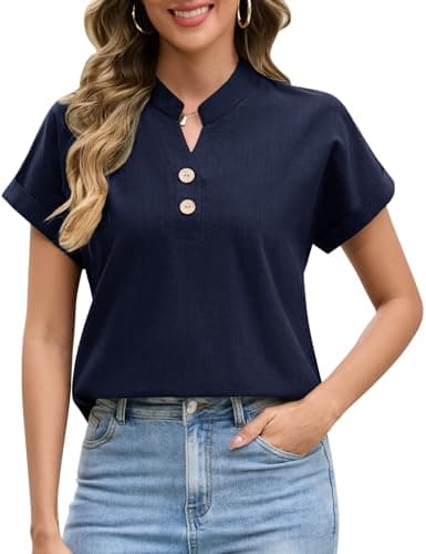 Image of UMIPUBO Womens Blouse Summer Short Sleeve T Shirts Half Button V Neck Basic Cotton Tops Cap Sleeve Ladies Tees Shirts Solid Color Blouses Casual (Navy, L)