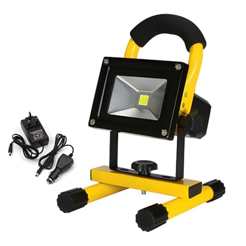 Image of 10W Rechargeable LED Work Light with Stand, Portable Site Light 6500K Cool White, 650 Lumens, IP44 Waterproof, COB LED Floodlight, Car Charger Included, Heavy Duty Aluminium
