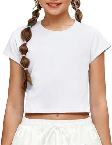 Image of Arshiner Girls' Short T-Shirt Summer Sports Kids Round Neck Tops Solid Color Short Sleeve Shirts Fashion Tee Loose Fit T-Shirts Casual Children's Clothing White 9-10 Years