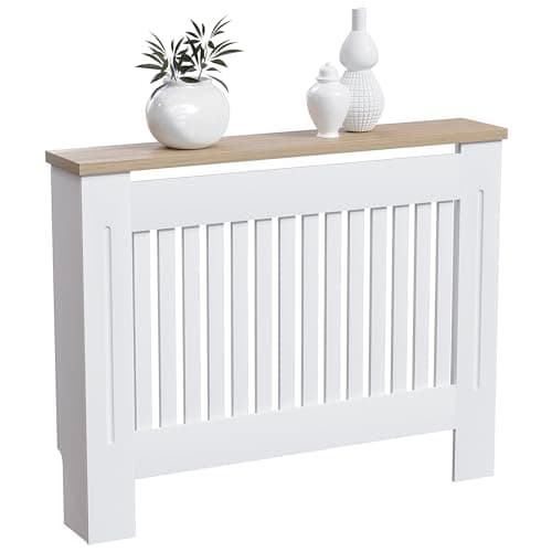 Image of Vida Designs Arlington Radiator Cover White - Medium - Modern Shaker Style Vertical Slat Design For Optimal Heat Circulation - H83.3xW111xD19cm - Painted MDF Cabinet with Wood Top Shelf