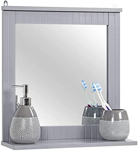 Image of Yorkshire Homeware Wall-Mounted Mirror, Bathroom Mirror with Shelf, Hanging Vanity Mirror, Home Office Living Room Finish Grey