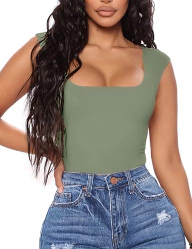 Image of Aranmei Women Sexy Causal Bodysuit Square Neck Sleeveless Tank Top Bodysuit Teddy Clubwear for Going Out(Green XL)