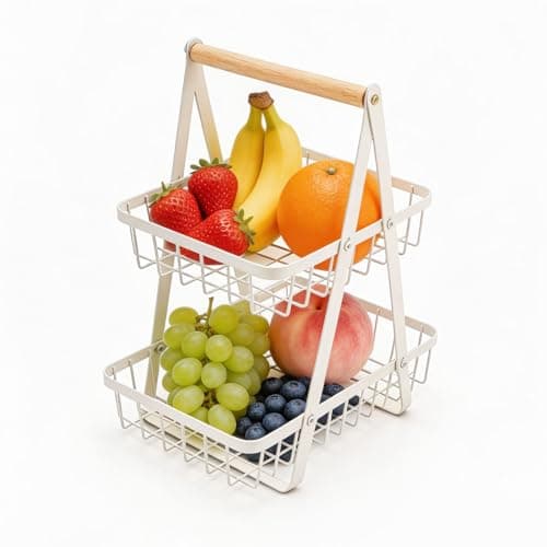 Image of Pocvaim 2-Tier Fruit Basket Storage Rack for Kitchen Office, Detachable Metal Vegetable Basket with Wooden Handle, Stable and Portable Design for Fruits Vegetables Bread Snacks (white)