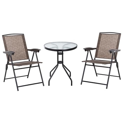 Image of Outsunny 3 Piece Outdoor Bistro Set, Patio Conversation Furniture Set with 2 Folding Backrest Adjustable Armchairs and Glass Top Coffee Table, Brown