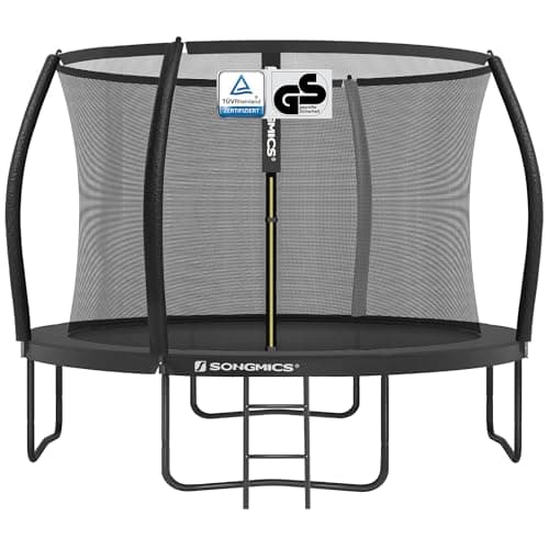 Image of SONGMICS Trampoline 10 ft, 305 cm Dia. Kids Trampoline with Enclosure Net, 180 cm High Curved Pole, Safety Pad, Ladder, Steel Frame, Black STR102B01