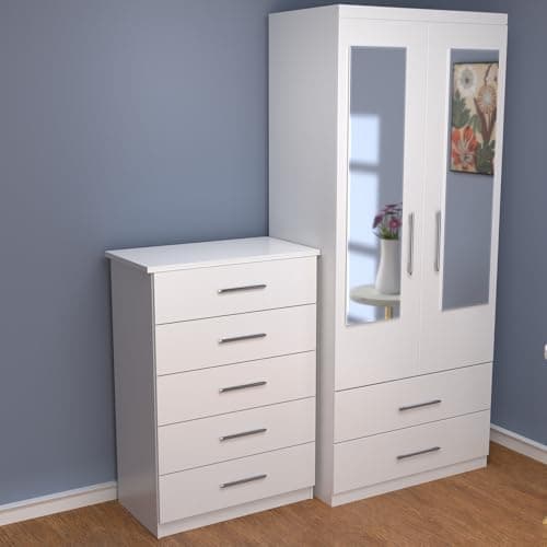 Image of Ready assembled White Bedroom Furniture Set, 2-Door Mirrored Wardrobe and 5-Drawer Chest,