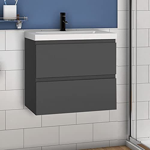 Image of Acezanble 600mm Wall Hung Bathroom Vanity Unit Basin 2 Drawer Ceramic Basin Storage Cabinet Furniture - Matte Grey, Flat Pack