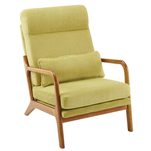 Image of Karl home Accent Chair, Mid-Century Modern Armchiar Lounge Reading Chair with Pillow High Back Corduroy Upholstered Solid Wood Frame & Soft Cushion for Living Room, Bedroom, Balcony, Olive Green