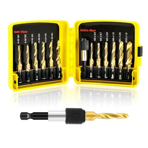 Image of FOCSTOL Combination Drill Tap Bit Set - 13pcs SAE (6-32NC to 1/4-20NC) and Metric (M3 to M10) with Quick Change Hex Shank for drilling tapping and countersinking Iron Aluminium Copper Metal
