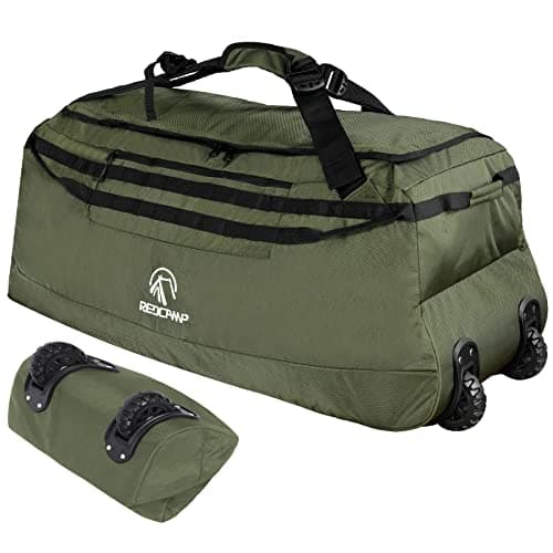 Image of REDCAMP 140L Extra Large Holdall with Wheels, Foldable Wheeled Duffle Bag Travel Bag,Lightweight Waterproof Soft Suitcase Luggage with Rollers for Camping Sports Outdoor, Army Green