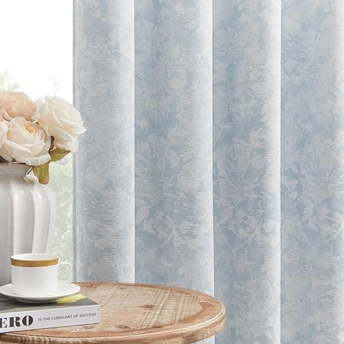 Image of Beauoop Blue Floral Blackout Curtains for Living Room 90 Inch Jacquard Flower Curtains for Bedroom Darkening Eyelet Curtain Thermal Insulated Window Curtain Drapes 2 Panel