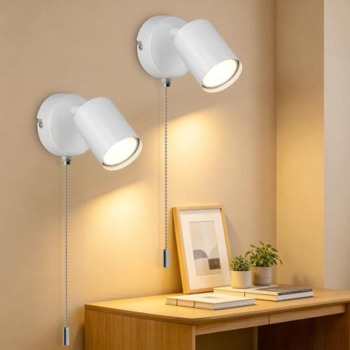 Image of Ketom 2 Pack Adjustable Wall Light with Pull Cord Switch, GU10 Modern Wall Sconce Lights White, Wall Spotlight Fixtures, LED Wall Lights Indoor for Bedroom Bedside Hallway, Bulb Not Included