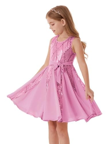 Image of GRACE KARIN Girls Sparkling Evening Dress Sleeveless Crew Neck Knee-Length Gown with Belt Pink 7-8 Years