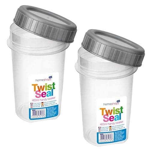 Image of HOMESHOPA Clear Plastic Screw Top Beaker Cups, 2 Pack Airtight Liquid Storage Reusable Leakproof Containers with Twist Lock Lid, 400ml, Freezer Microwave Dishwasher Safe