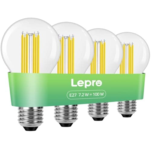 Image of Lepro E27 Screw Bulb, A-Rated Ultra-efficient LED Bulb, 7.2W = 100W, 1521lm, 2700K Warm White, 50000H Lifespan, Clear Filament, Vintage Glass, Non-dimmable, Pack of 4