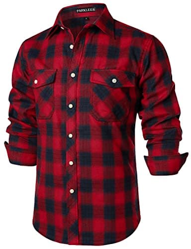 Image of PARKLEES Men's Casual Regular Fit Button Up Flannel Checked Plaid Shirts with Pockets PZLCL41 Red Navy L