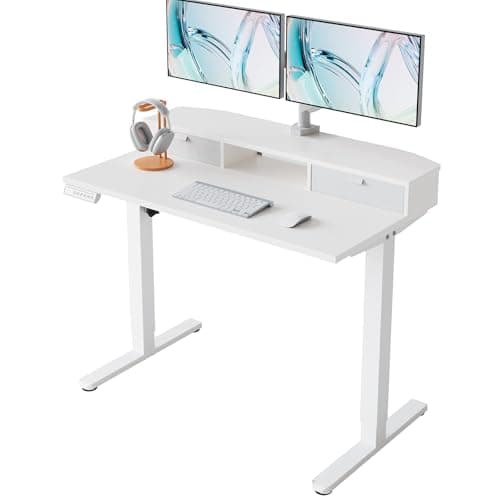 Image of HUANUO 100 x 60 cm Electric Standing Desk with Drawers, C-Clamp Mount Compatible, Height Adjustable Sit Stand Desk, Home Office Stand Up Desk with 4 Memory Height Settings, White