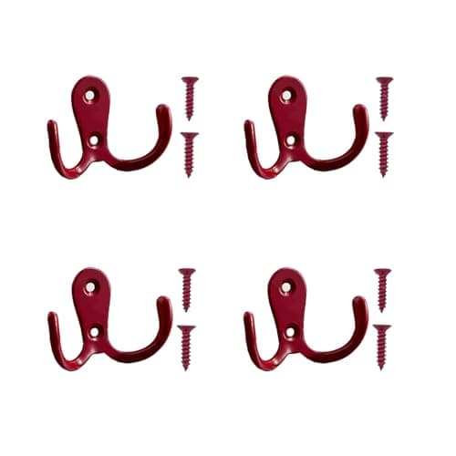 Image of Meiyea 4 Pcs Double Forked Robe Hooks,Wall Mounted Clothes Hanger,Suitable for Vintage Metal Hangers in Bathrooms and Bedrooms,with 8 Screws-Red