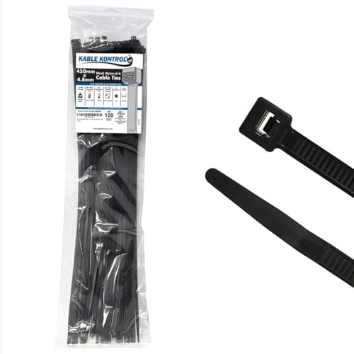 Image of Kable Kontrol Black Cable Ties, 450 mm x 4.8 mm, Pack of 100, 18" Premium Nylon Zip Ties, Multi-Purpose Plastic Tie Wraps, Secure Self-Locking Mechanism, for Home, Garden, Office and DIY